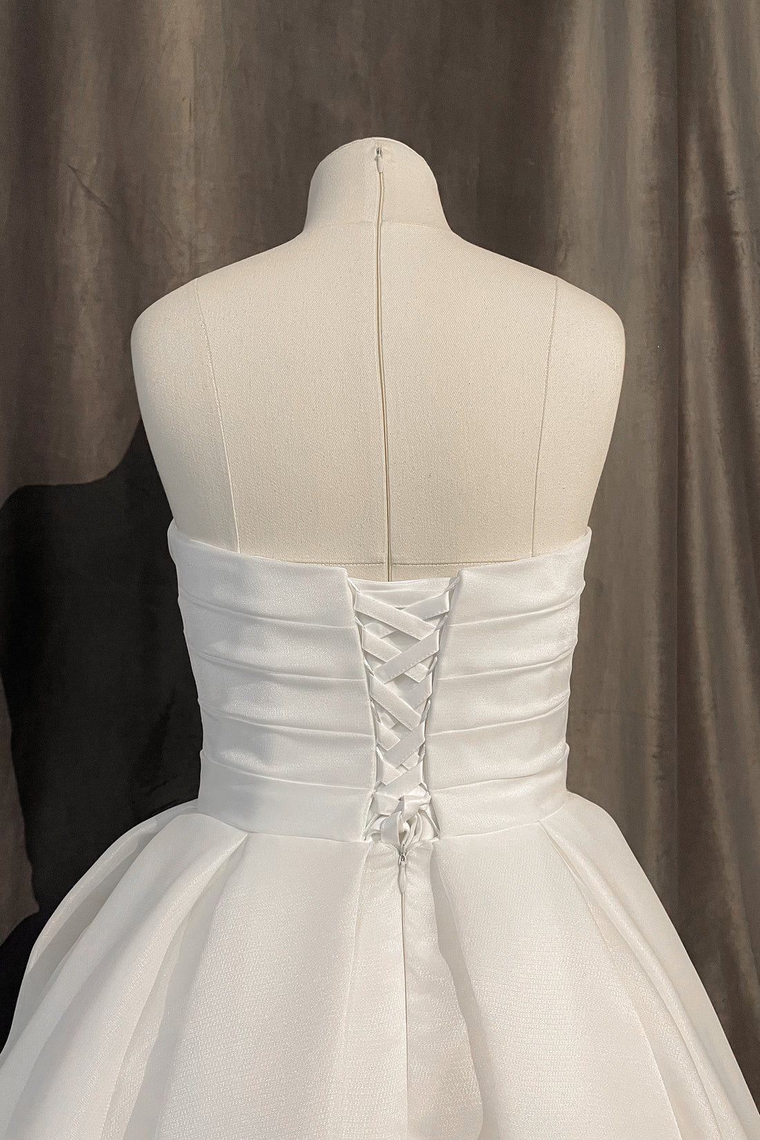 Sweetheart Strapless Organza Midi Wedding Dress Lace-Up Back A-Line Short Bridal Gown by LANQI DRESS