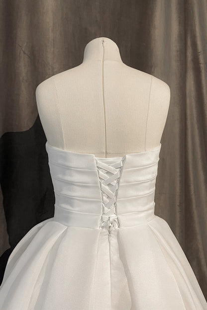 Sweetheart Strapless Organza Midi Wedding Dress Lace-Up Back A-Line Short Bridal Gown by LANQI DRESS