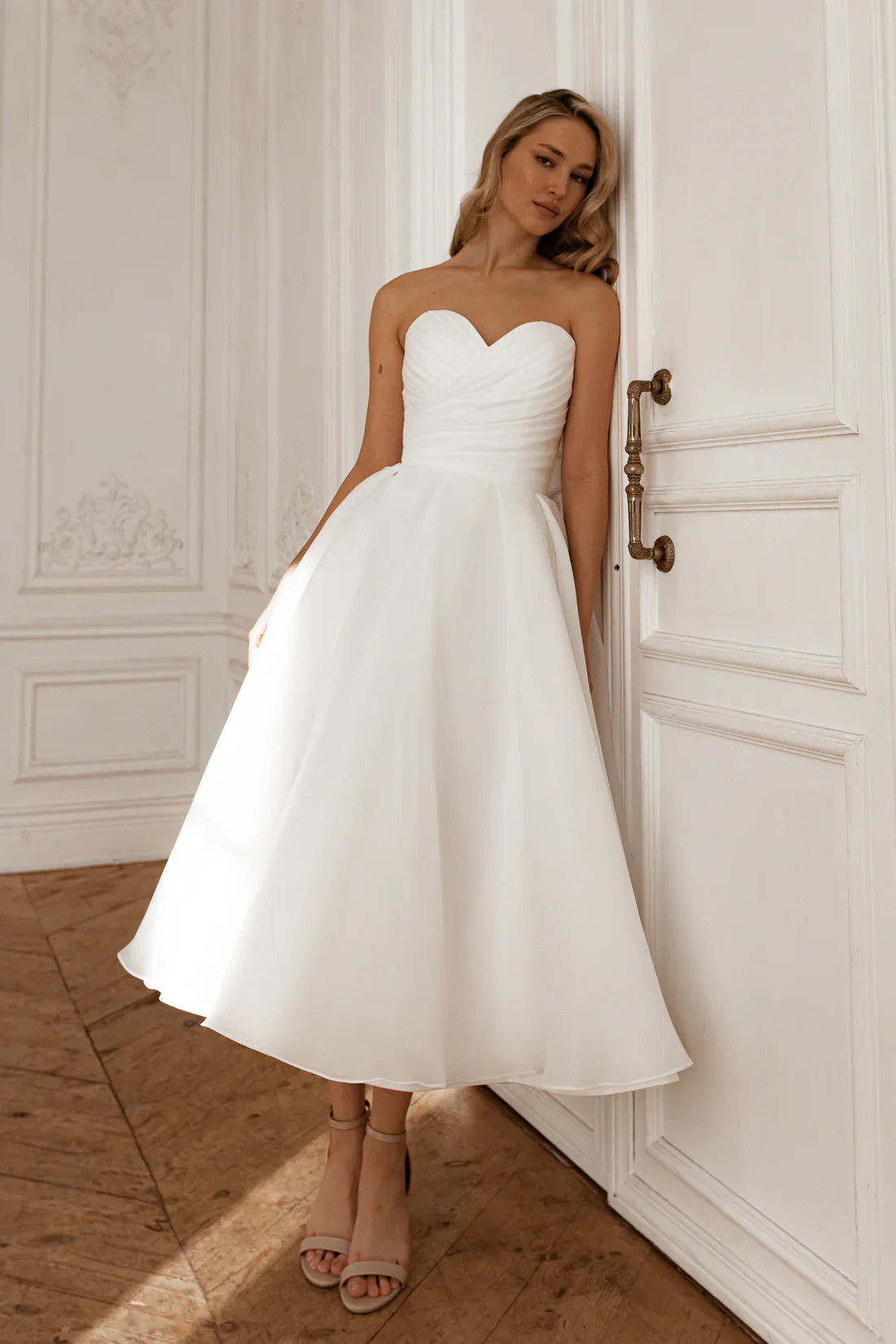 Sweetheart Strapless Organza Midi Wedding Dress Lace-Up Back A-Line Short Bridal Gown by LANQI DRESS