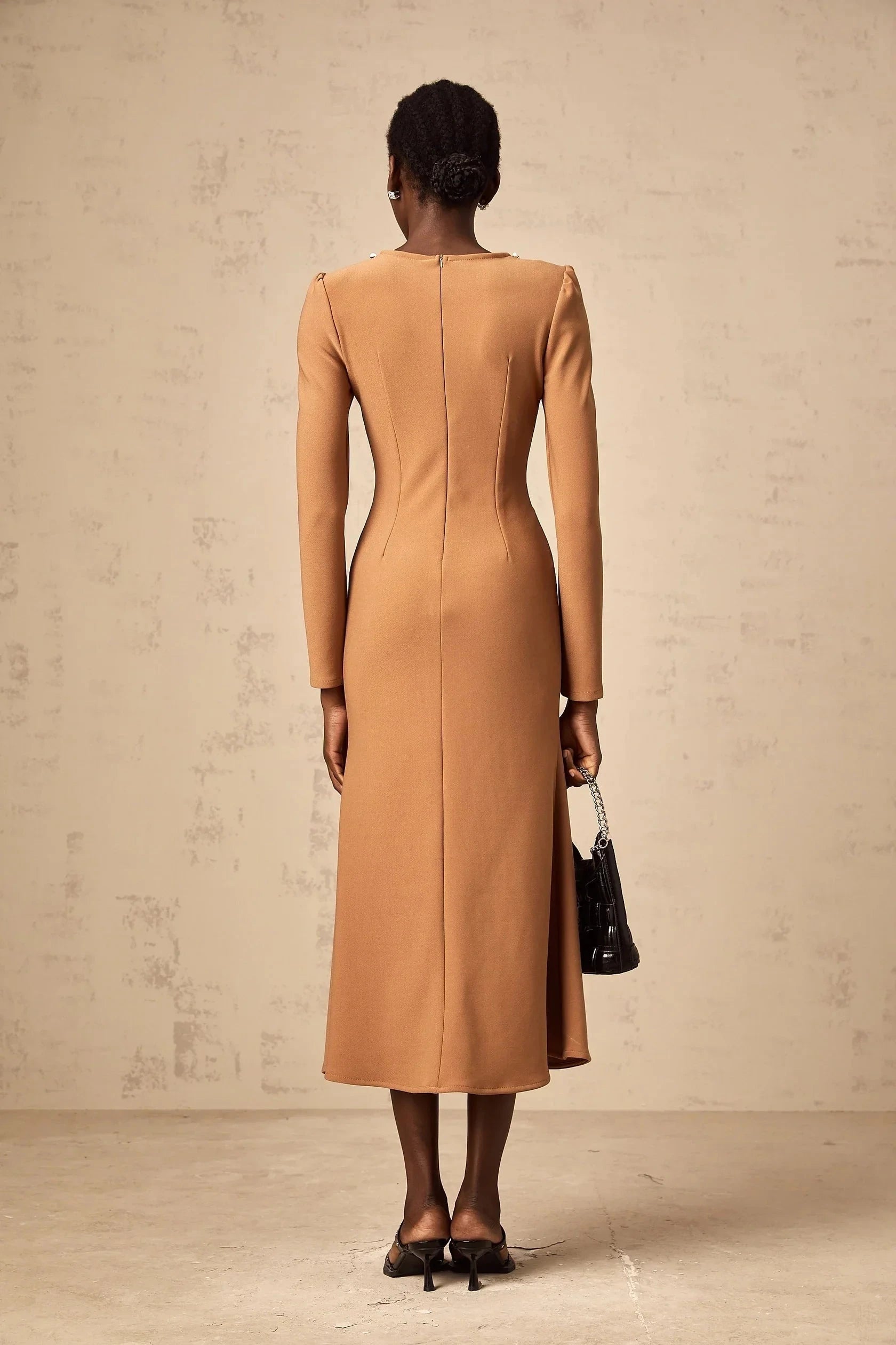 Tan Beaded Neck Long Sleeve Midi Dress Doriane khaki sequin-embellished midi dress Evening Dress by YiHuiw