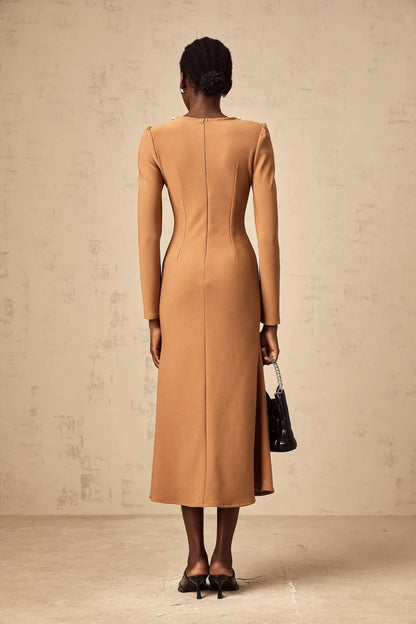 Tan Beaded Neck Long Sleeve Midi Dress Doriane khaki sequin-embellished midi dress Evening Dress by YiHuiw