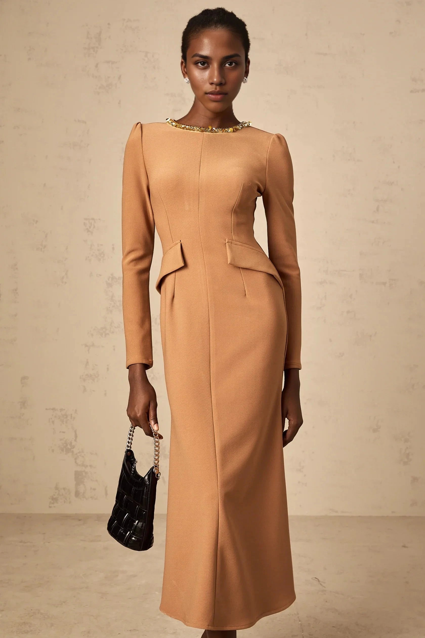 Tan Beaded Neck Long Sleeve Midi Dress Doriane khaki sequin-embellished midi dress Evening Dress by YiHuiw