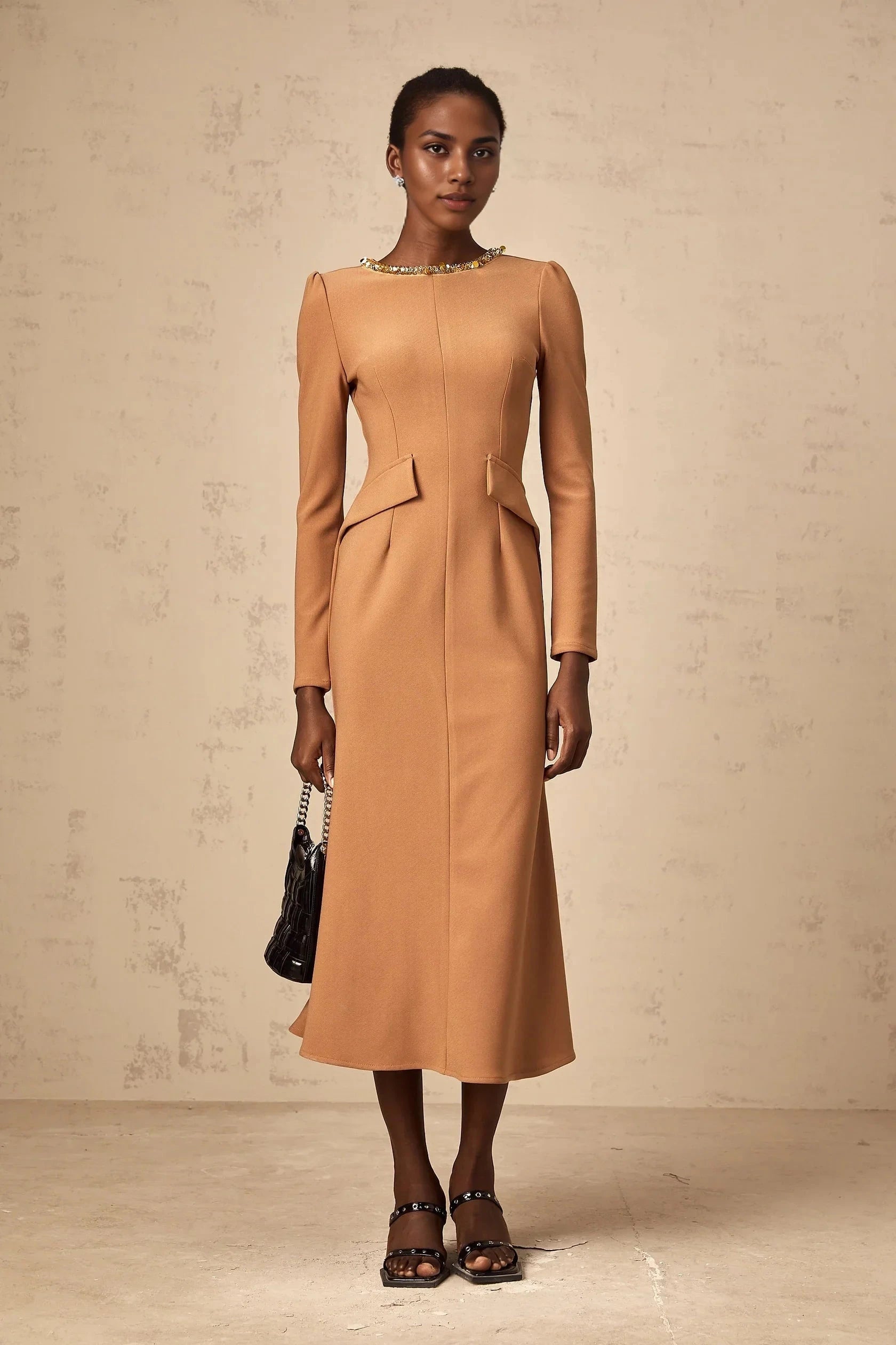 Tan Beaded Neck Long Sleeve Midi Dress Doriane khaki sequin-embellished midi dress Evening Dress by YiHuiw