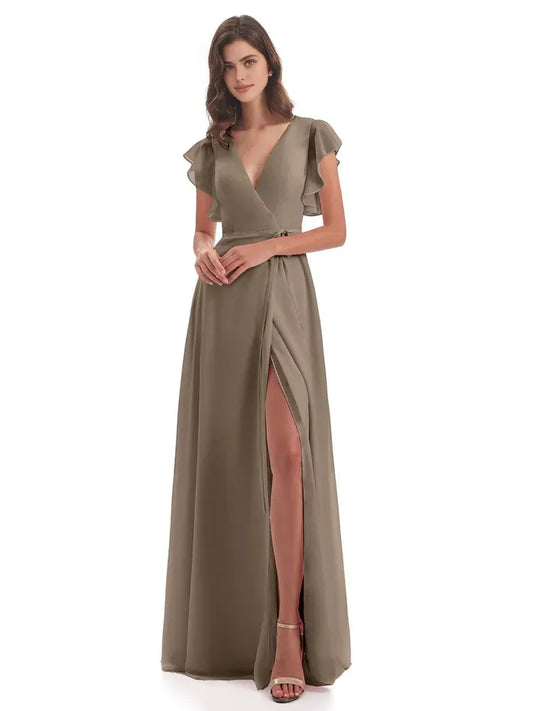 Taupe A-Line Chiffon Short Sleeve High Slit Floor-Length Wedding Dress - Yihuiw by Yihuiw
