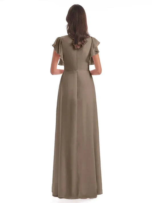 Taupe A-Line Chiffon Short Sleeve High Slit Floor-Length Wedding Dress - Yihuiw by Yihuiw