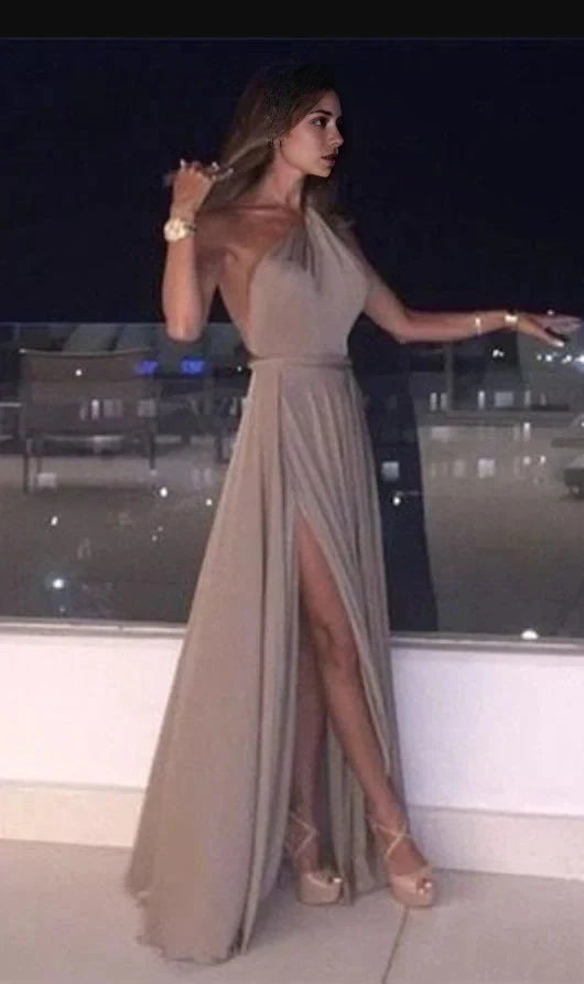 Taupe One-Shoulder Chiffon Maxi Dress with High Slit Sleeveless Backless Prom Dresses Floor length Grace Formal dress Party Dresses by YiHuiw