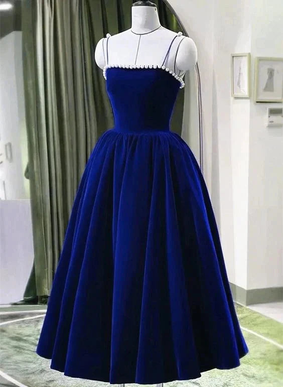 Tea Length Velvet Straps Pearls Formal Dress, Blue Homecoming Dress simple gentle atmospheric and unique desi Brin by YiHuiw