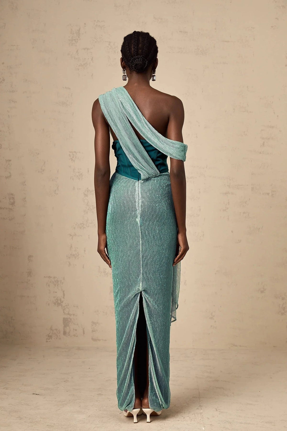 Teal Asymmetric Draped Metallic Maxi Dress Delphine green ribbon-design corset maxi dress Evening Dress by YiHuiw