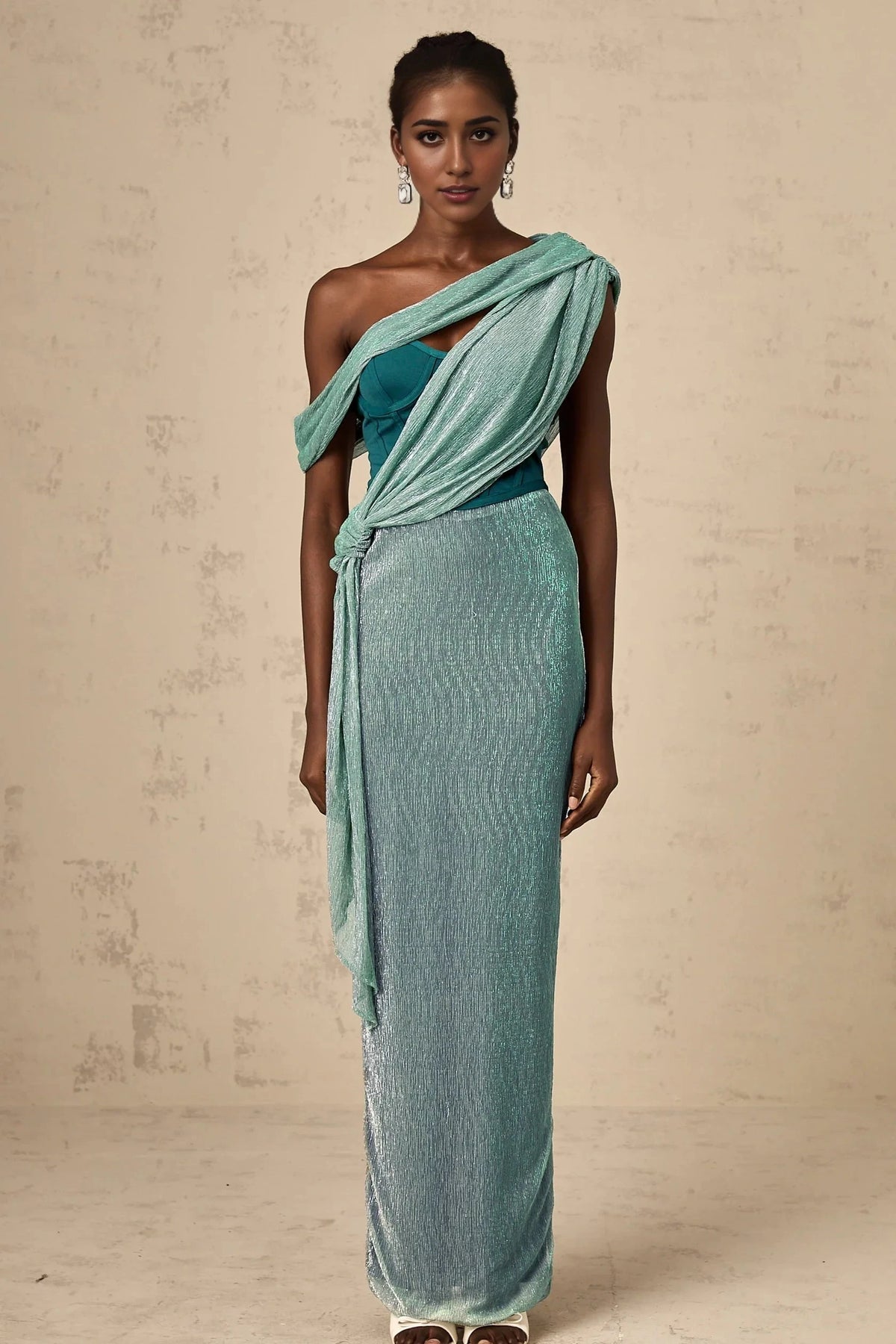 Teal Asymmetric Draped Metallic Maxi Dress Delphine green ribbon-design corset maxi dress Evening Dress by YiHuiw
