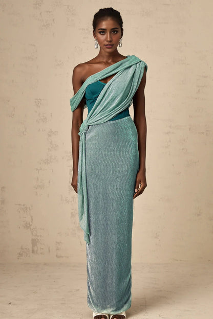 Teal Asymmetric Draped Metallic Maxi Dress Delphine green ribbon-design corset maxi dress Evening Dress by YiHuiw