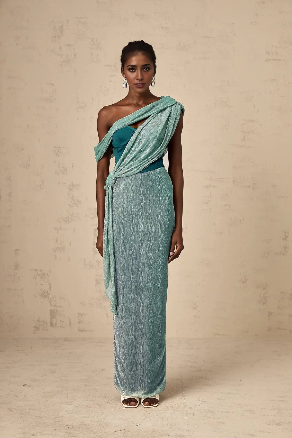 Teal Asymmetric Draped Metallic Maxi Dress Delphine green ribbon-design corset maxi dress Evening Dress by YiHuiw