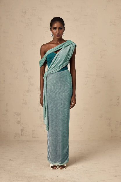 Teal Asymmetric Draped Metallic Maxi Dress Delphine green ribbon-design corset maxi dress Evening Dress by YiHuiw