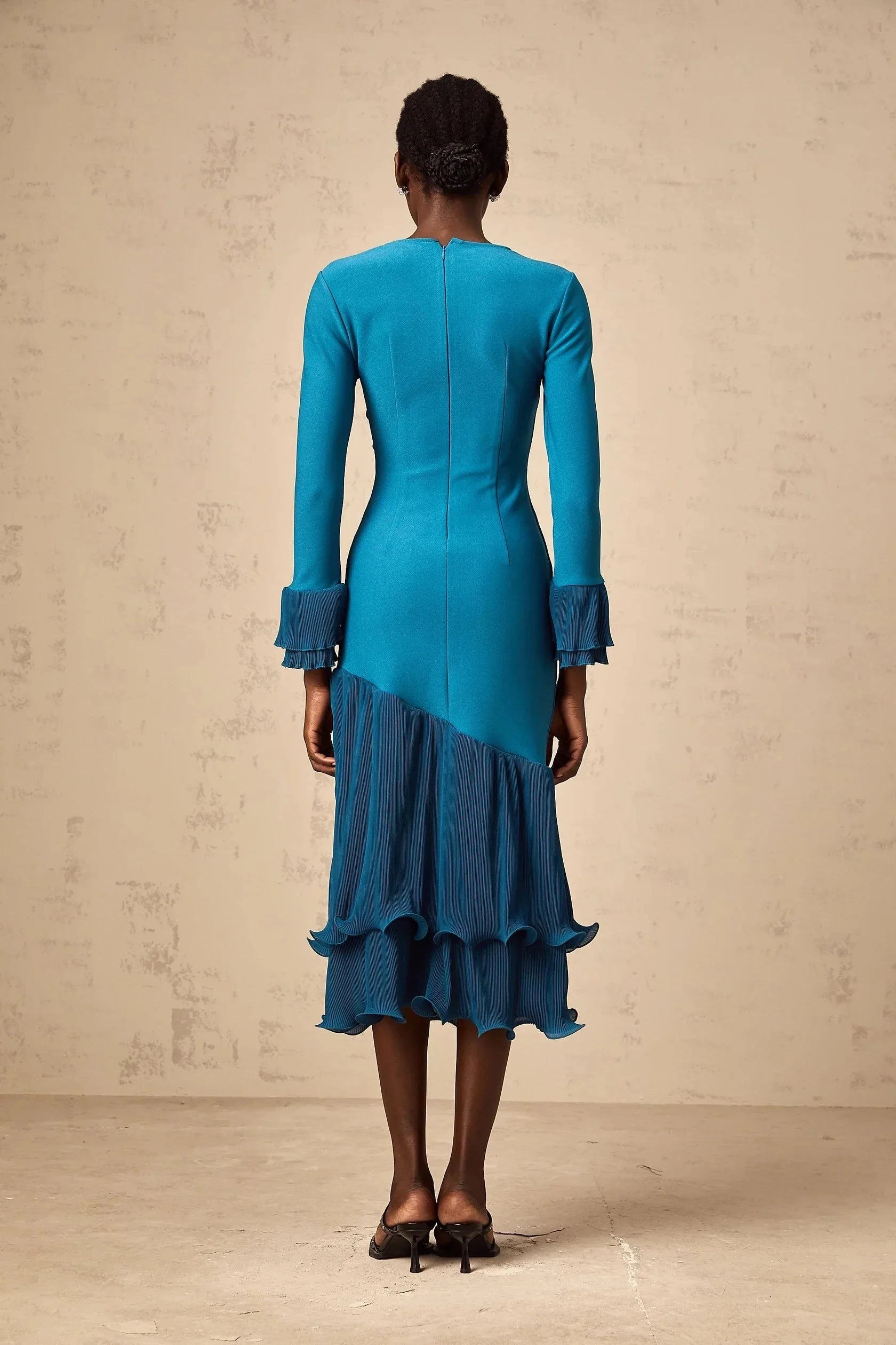 ruffled-trim panelled midi dress in Blue Teal Ruffled Hem Long Sleeve Midi Dress Evening Dress by YiHuiw