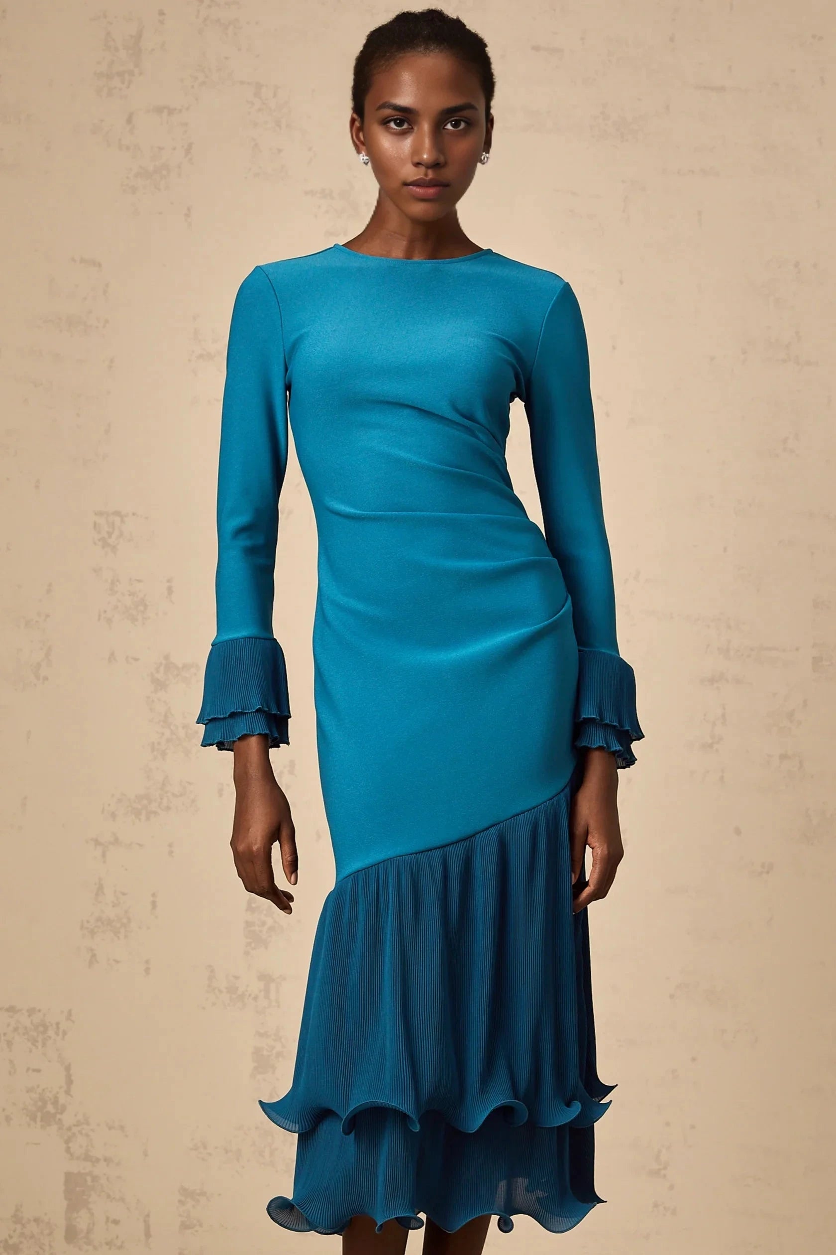 ruffled-trim panelled midi dress in Blue Teal Ruffled Hem Long Sleeve Midi Dress Evening Dress by YiHuiw
