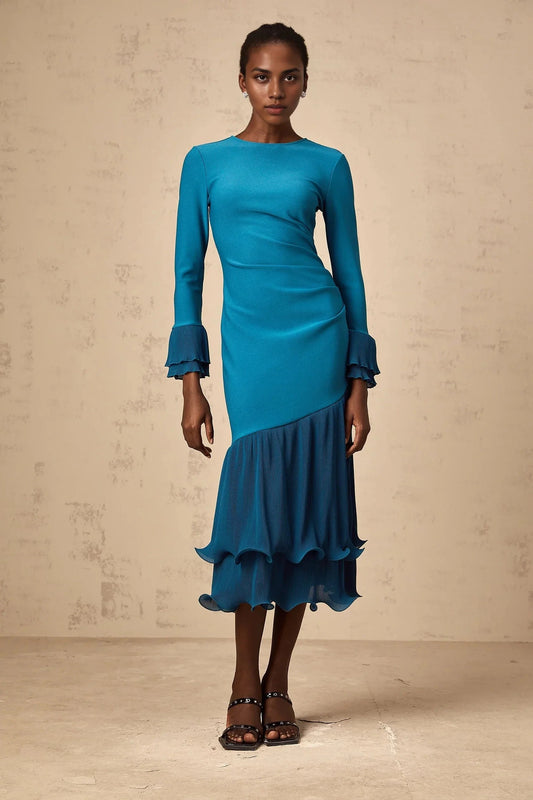 ruffled-trim panelled midi dress in Blue Teal Ruffled Hem Long Sleeve Midi Dress Evening Dress by YiHuiw