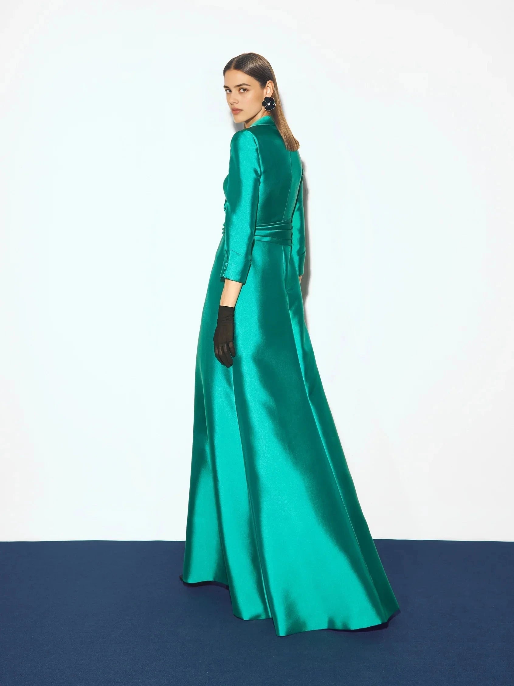 Teal Satin Lapel Wrap Maxi Dress with Side Slit Party dress with three-quarter sleeves in mikado Bridesmaid Dresses by YiHuiw