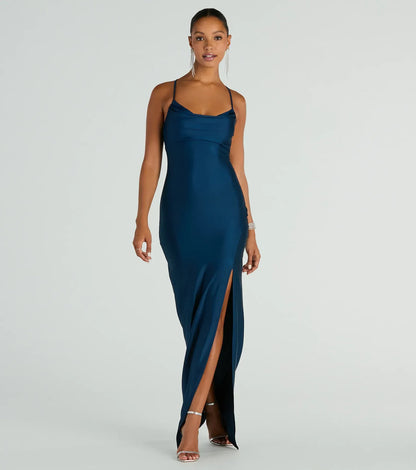 Teal Mermaid Spaghetti Strap Lace High Slit Floor-Length Wedding Dress - Yihuiw by Yihuiw