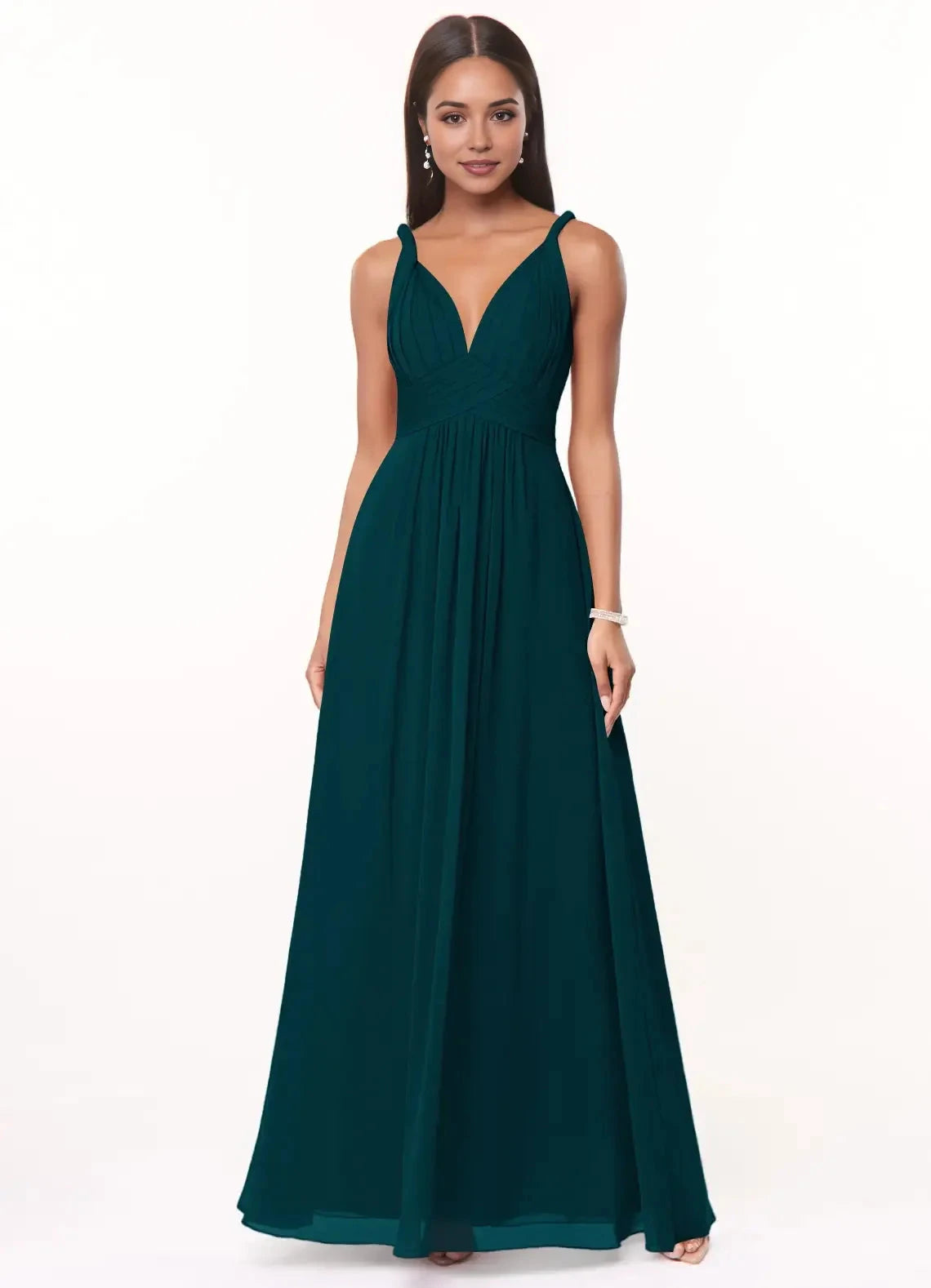 Teal V - Neck Chiffon Maxi Dress Pine A-Line Pleated Chiffon Dress Bridesmaid Dresses by YiHuiw