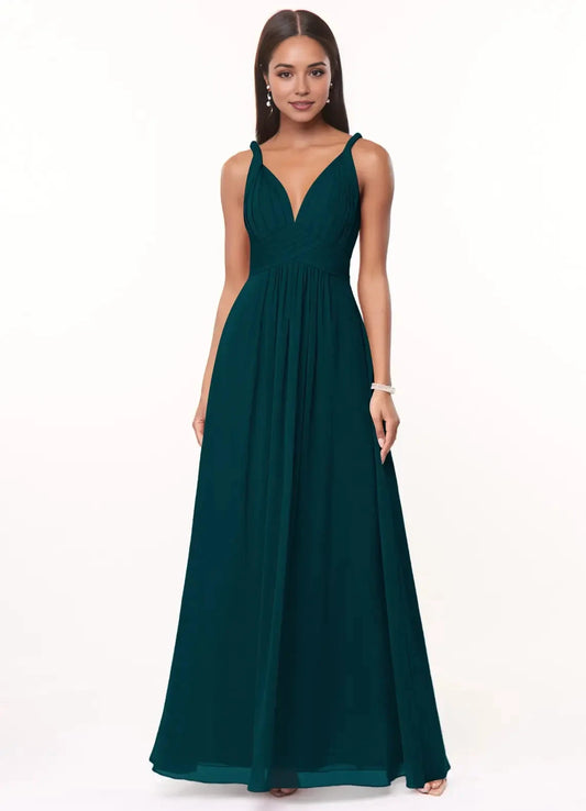 Teal V - Neck Chiffon Maxi Dress Pine A-Line Pleated Chiffon Dress Bridesmaid Dresses by YiHuiw