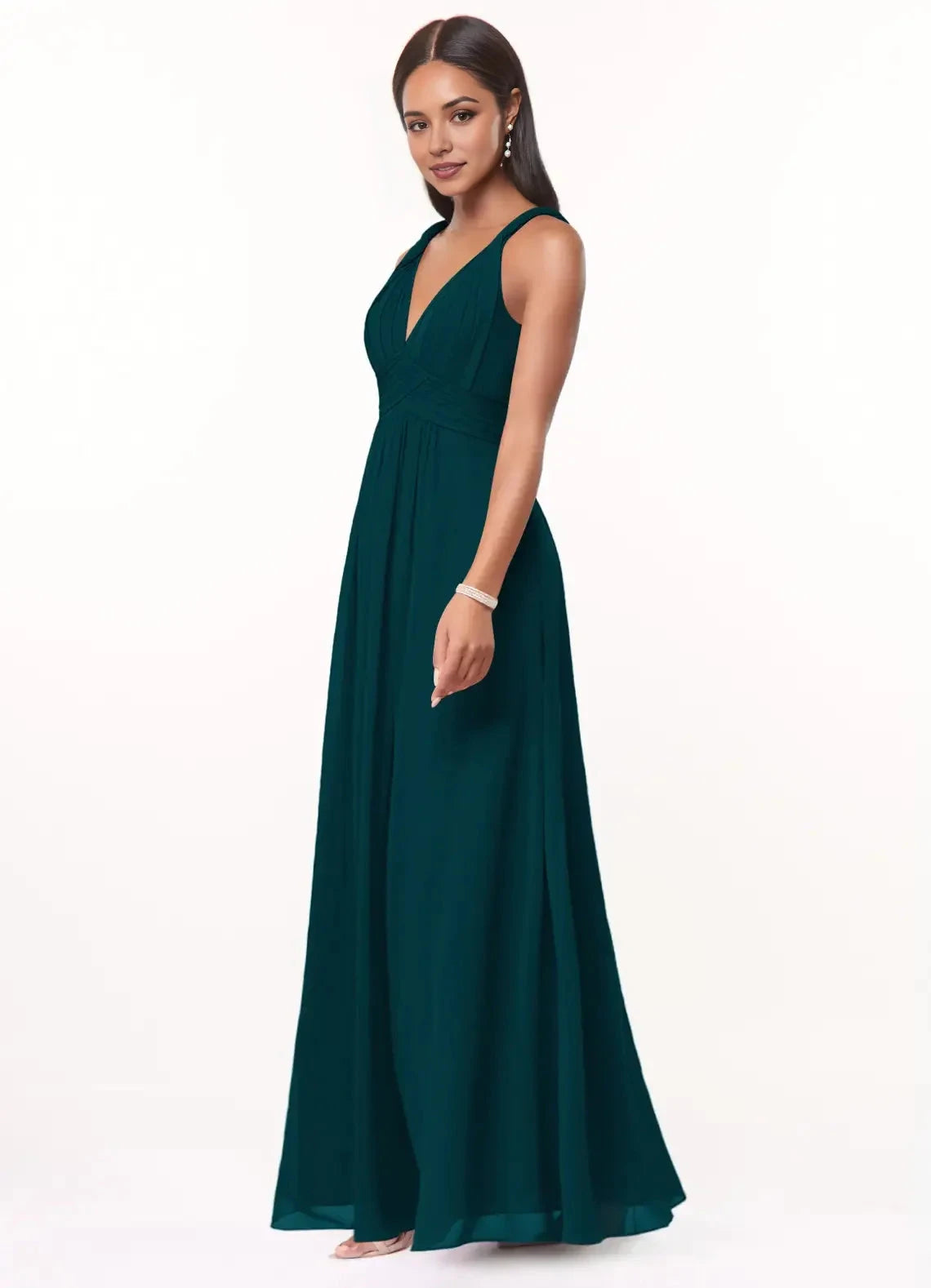 Teal V - Neck Chiffon Maxi Dress Pine A-Line Pleated Chiffon Dress Bridesmaid Dresses by YiHuiw