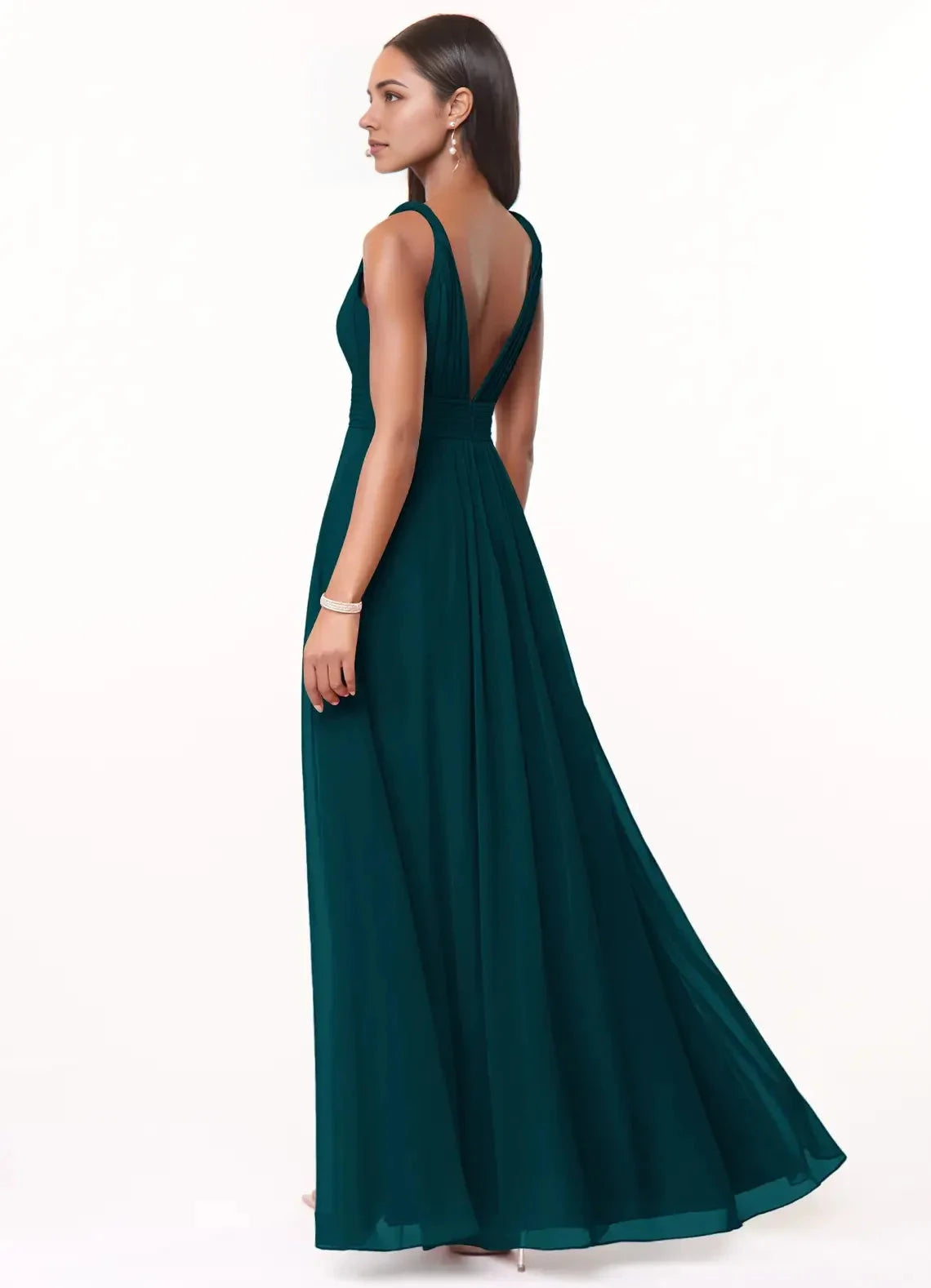 Teal V - Neck Chiffon Maxi Dress Pine A-Line Pleated Chiffon Dress Bridesmaid Dresses by YiHuiw