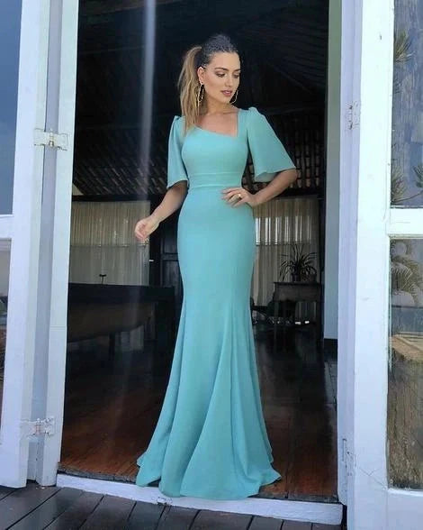 Teal Square Neck Mermaid Evening Gown with Flutter Sleeves Formal Dress, Long Prom Dresses With Short Sleeves Party Dresses by YiHuiw
