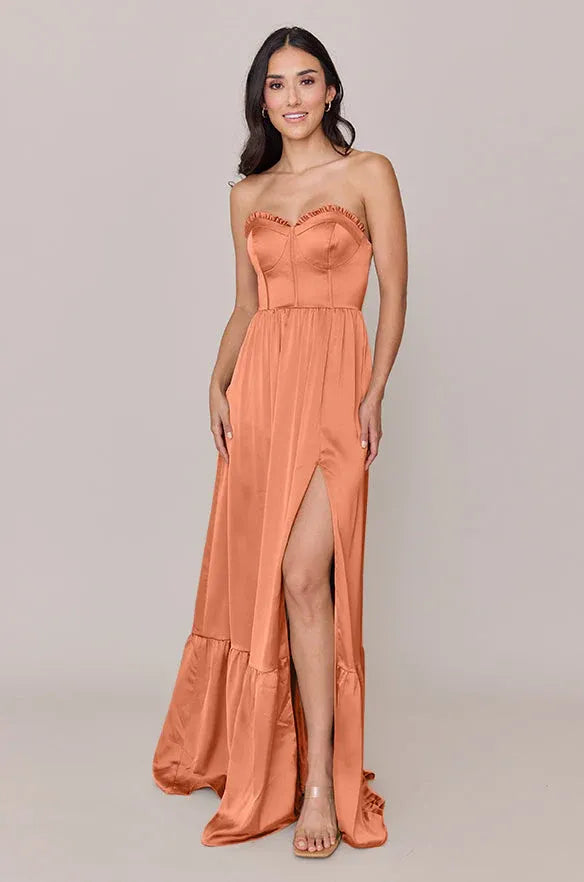 Strapless Satin Lace-Up Back High Slit Wedding Dress - Yihuiw by Yihuiw