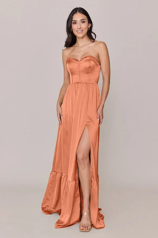 Strapless Satin Lace-Up Back High Slit Wedding Dress - Yihuiw by Yihuiw