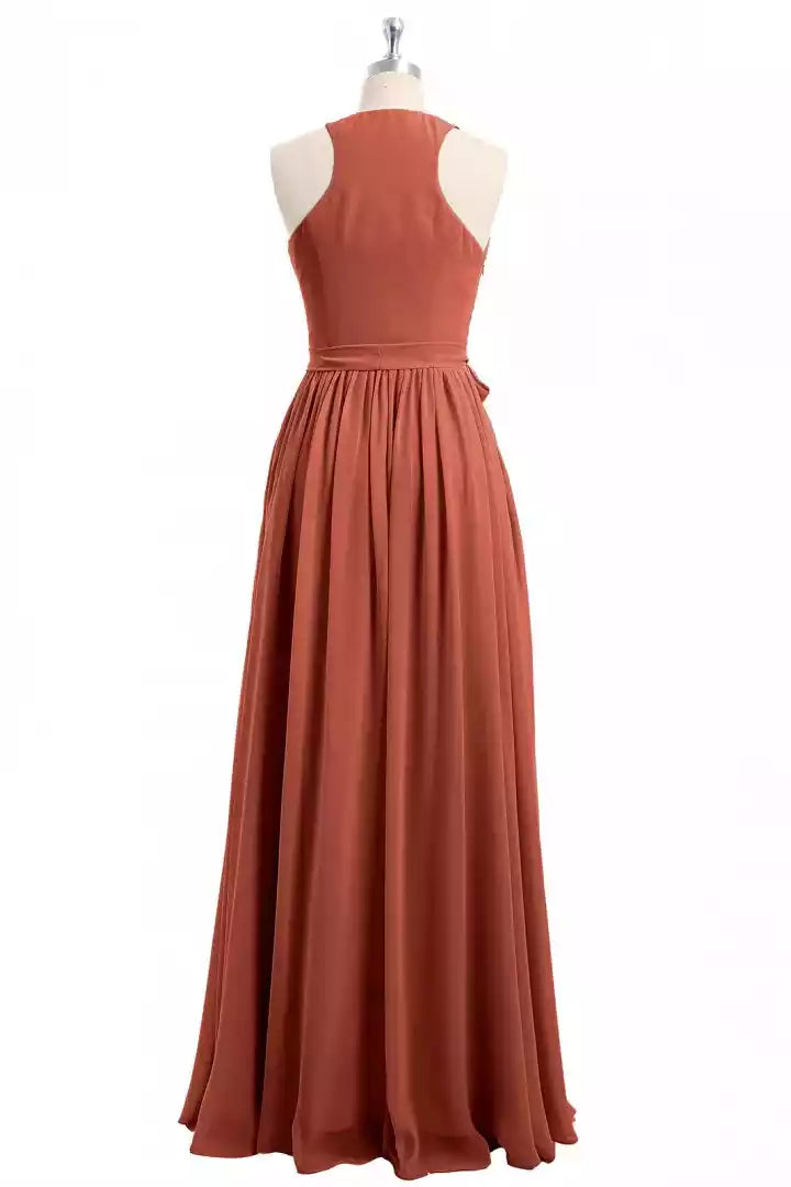 Terracotta Chiffon Halter Wrap Maxi Dress with Self-Tie Waist & Flowy A-Line Skirt