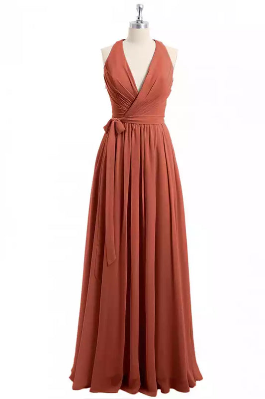Terracotta Chiffon Halter Wrap Maxi Dress with Self-Tie Waist & Flowy A-Line Skirt