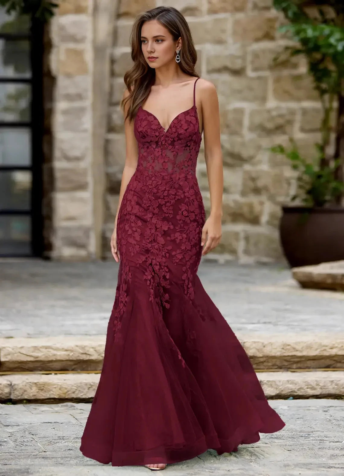 Textured Mermaid Plunging V Neck Spaghetti Strap Crisscross Lace Up Back Floor Length Hot sale Evening Dress by YiHuiw