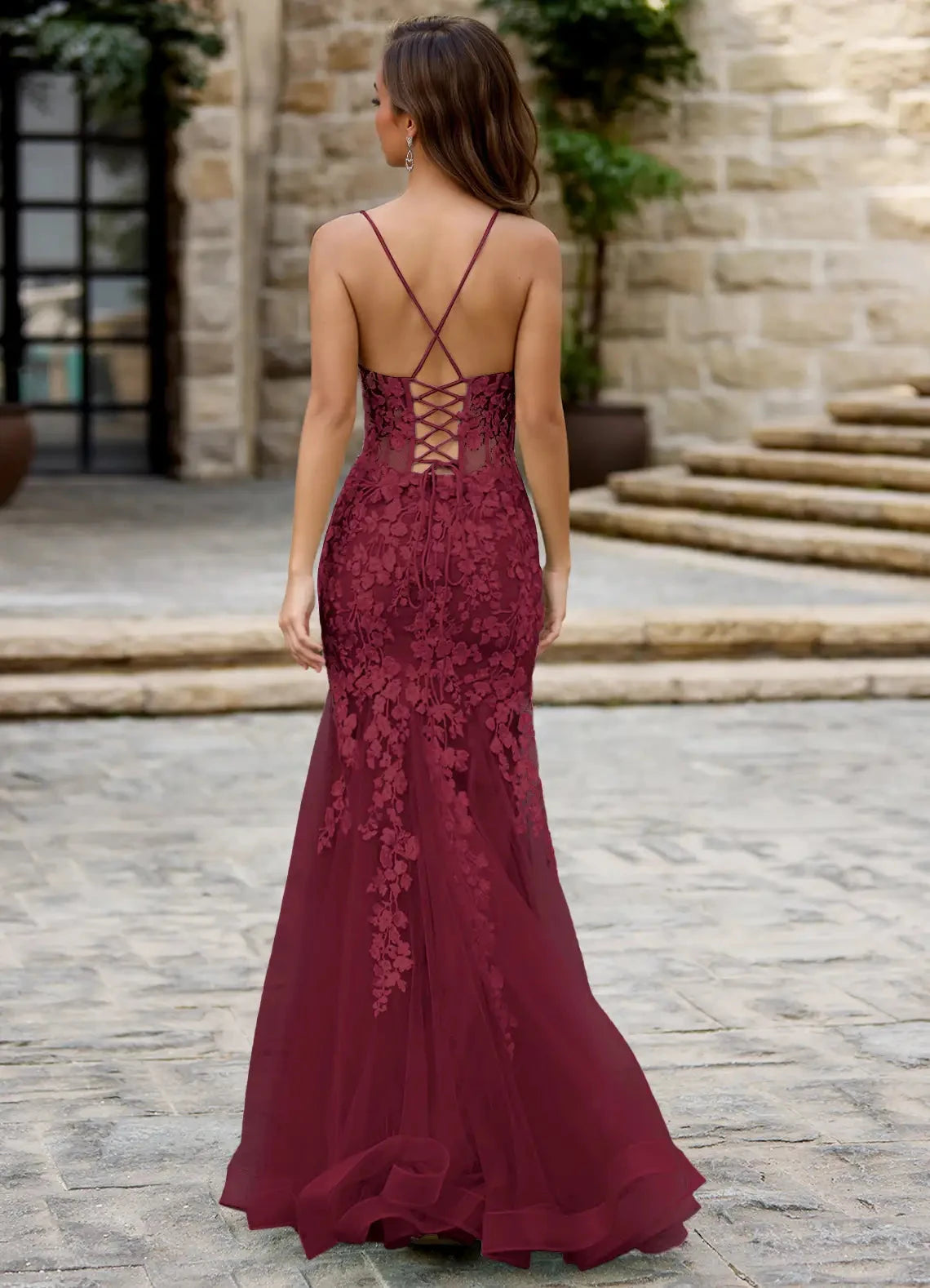 Textured Mermaid Plunging V Neck Spaghetti Strap Crisscross Lace Up Back Floor Length Hot sale Evening Dress by YiHuiw