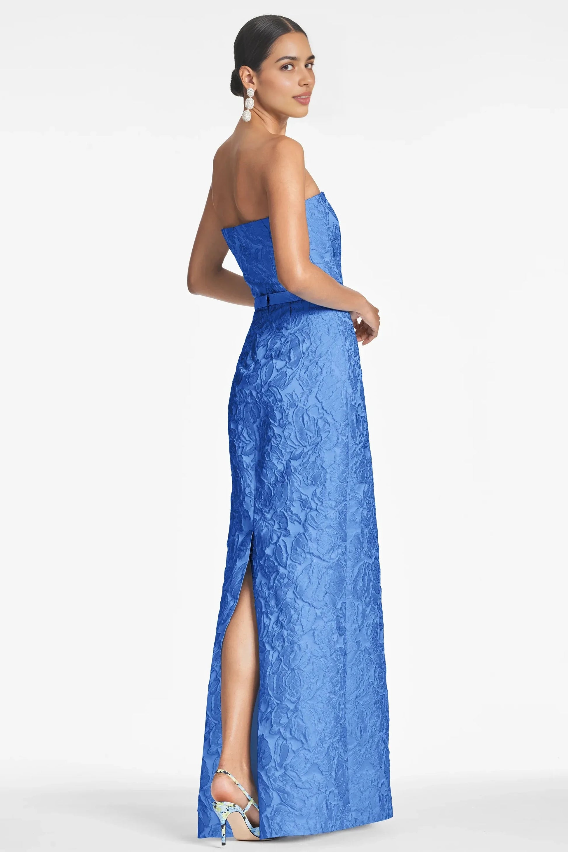 Textured Sheath Strapless Sleeveless Belted Back High Slit Floor Length Female Evening Dress by YiHuiw