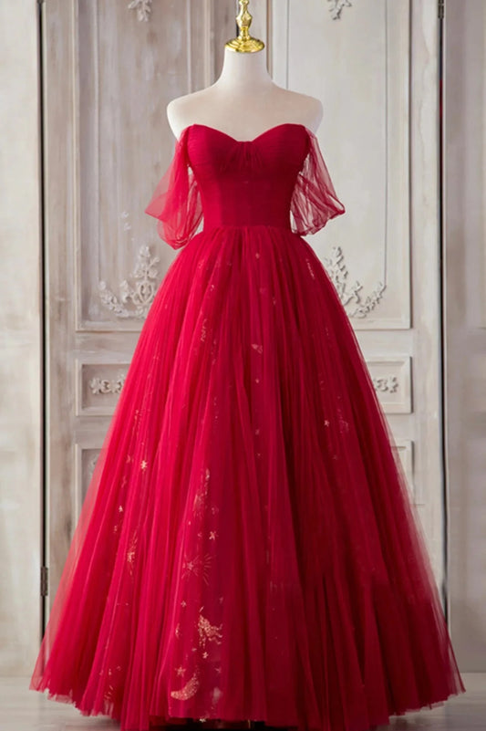 The Red Strapless Tulle Long A-Line Prom Dress simple gentle atmospheric and unique desi Bring summer colors to enhance whitenes by YiHuiw