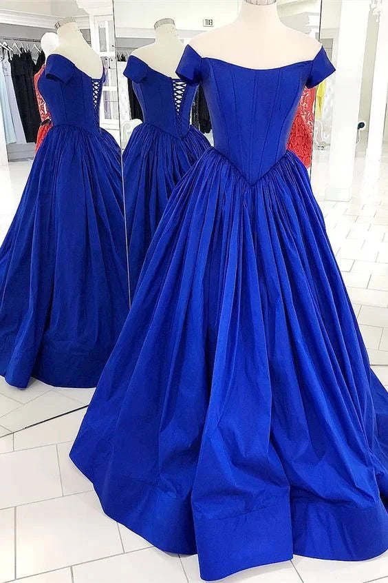 The royal blue court style dress features a one shoulder design and a tight corset style that is suitable for occasions such as dinners and dances, by YiHuiw