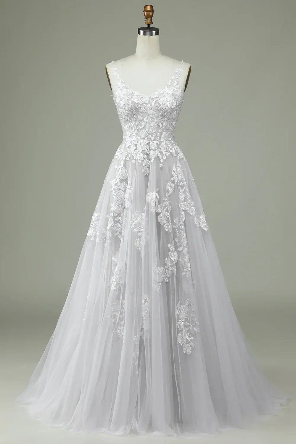 A-Line V-Neck Tulle Train Wedding Dress - Yihuiw by Yihuiw