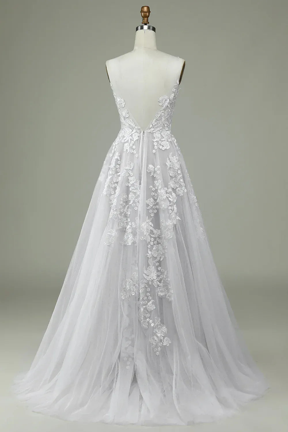 A-Line V-Neck Tulle Train Wedding Dress - Yihuiw by Yihuiw