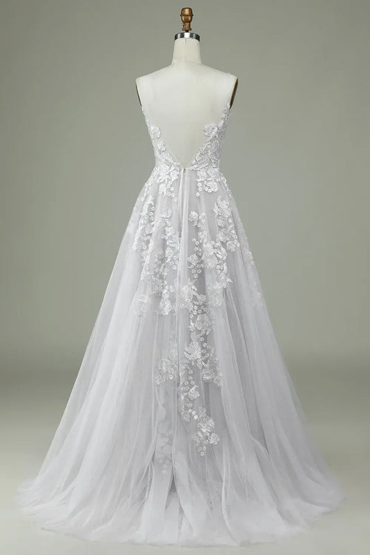 A-Line V-Neck Tulle Train Wedding Dress - Yihuiw by Yihuiw