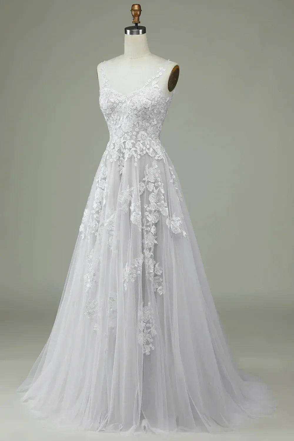A-Line V-Neck Tulle Train Wedding Dress - Yihuiw by Yihuiw