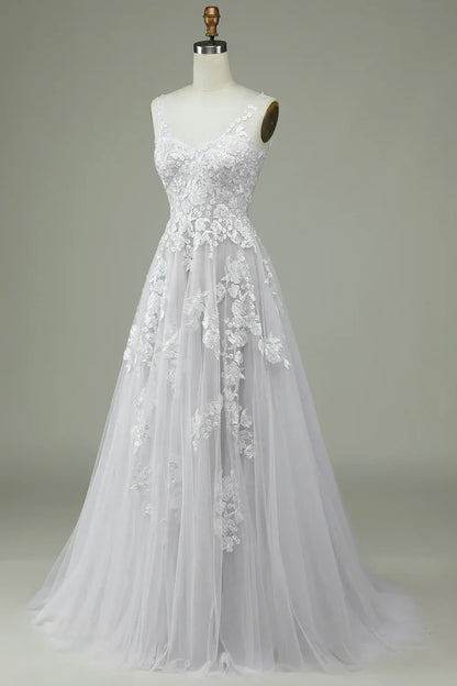 A-Line V-Neck Tulle Train Wedding Dress - Yihuiw by Yihuiw