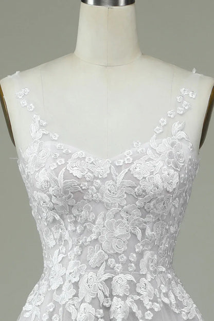 A-Line V-Neck Tulle Train Wedding Dress - Yihuiw by Yihuiw