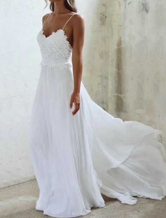 A-Line Spaghetti Strap Chiffon Open Back Train Wedding Dress - Yihuiw by Yihuiw