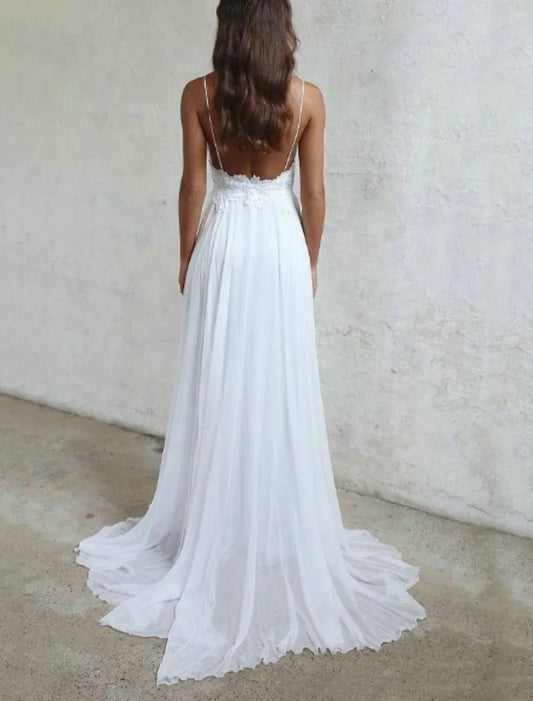 A-Line Spaghetti Strap Chiffon Open Back Train Wedding Dress - Yihuiw by Yihuiw