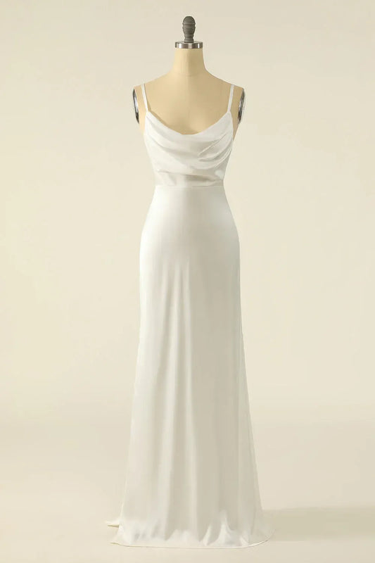 Mermaid Spaghetti Strap Satin High Slit Midi Wedding Dress - Yihuiw by Yihuiw