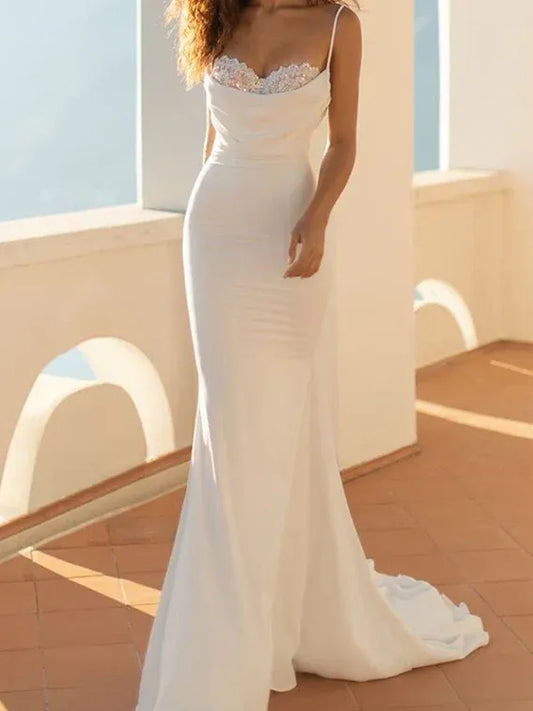 Mermaid Spaghetti Strap Satin Beaded Wedding Dress - Yihuiw by Yihuiw