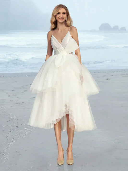 Spaghetti Strap Tulle Wrap Mini Wedding Dress - Yihuiw by Yihuiw