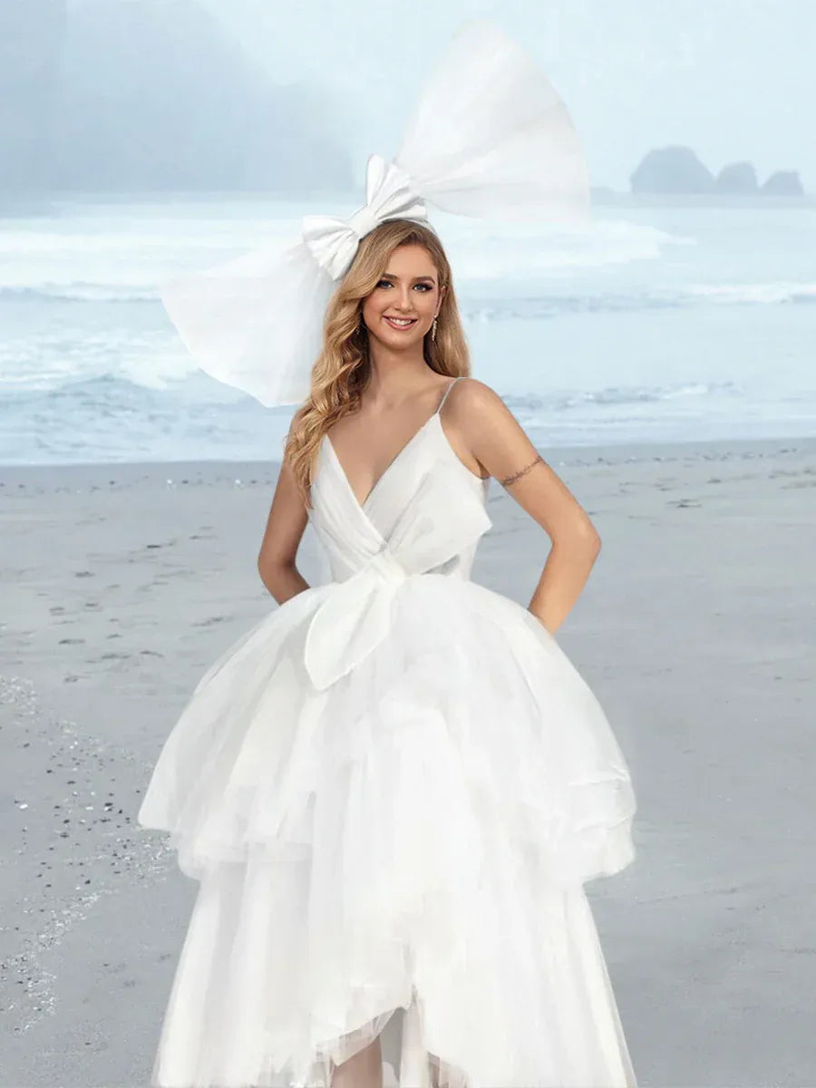 Spaghetti Strap Tulle Wrap Mini Wedding Dress - Yihuiw by Yihuiw