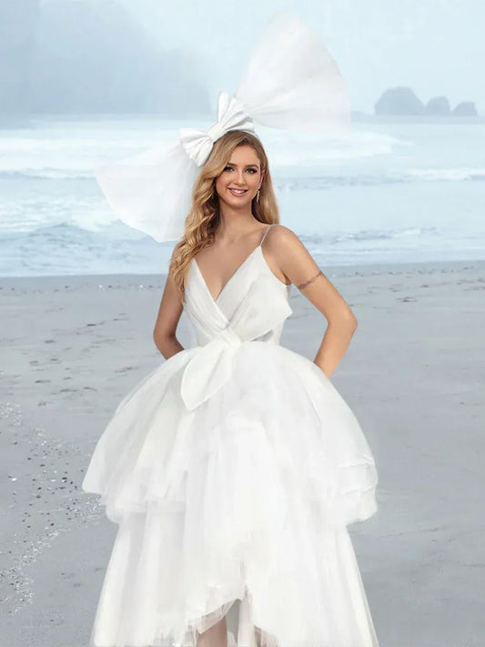 Spaghetti Strap Tulle Wrap Mini Wedding Dress - Yihuiw by Yihuiw
