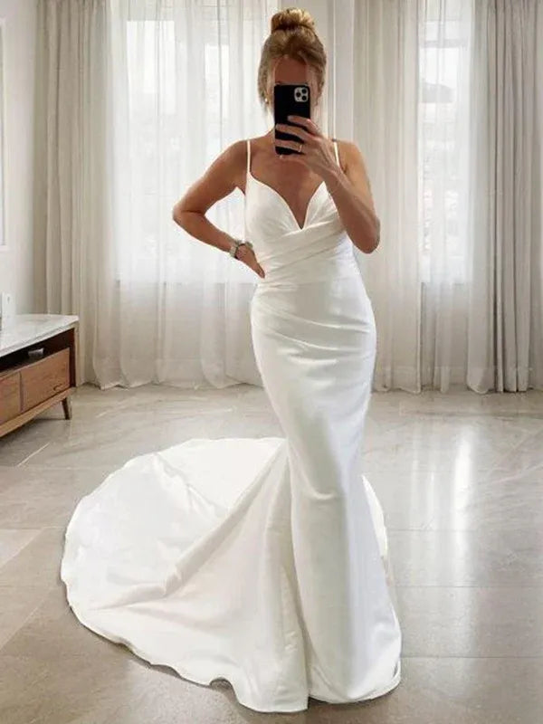 Mermaid Spaghetti Strap Satin Ruched Floor-Length Wedding Dress - Yihuiw by Yihuiw