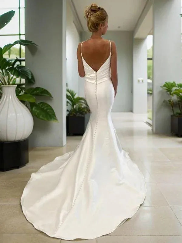 Mermaid Spaghetti Strap Satin Ruched Floor-Length Wedding Dress - Yihuiw by Yihuiw